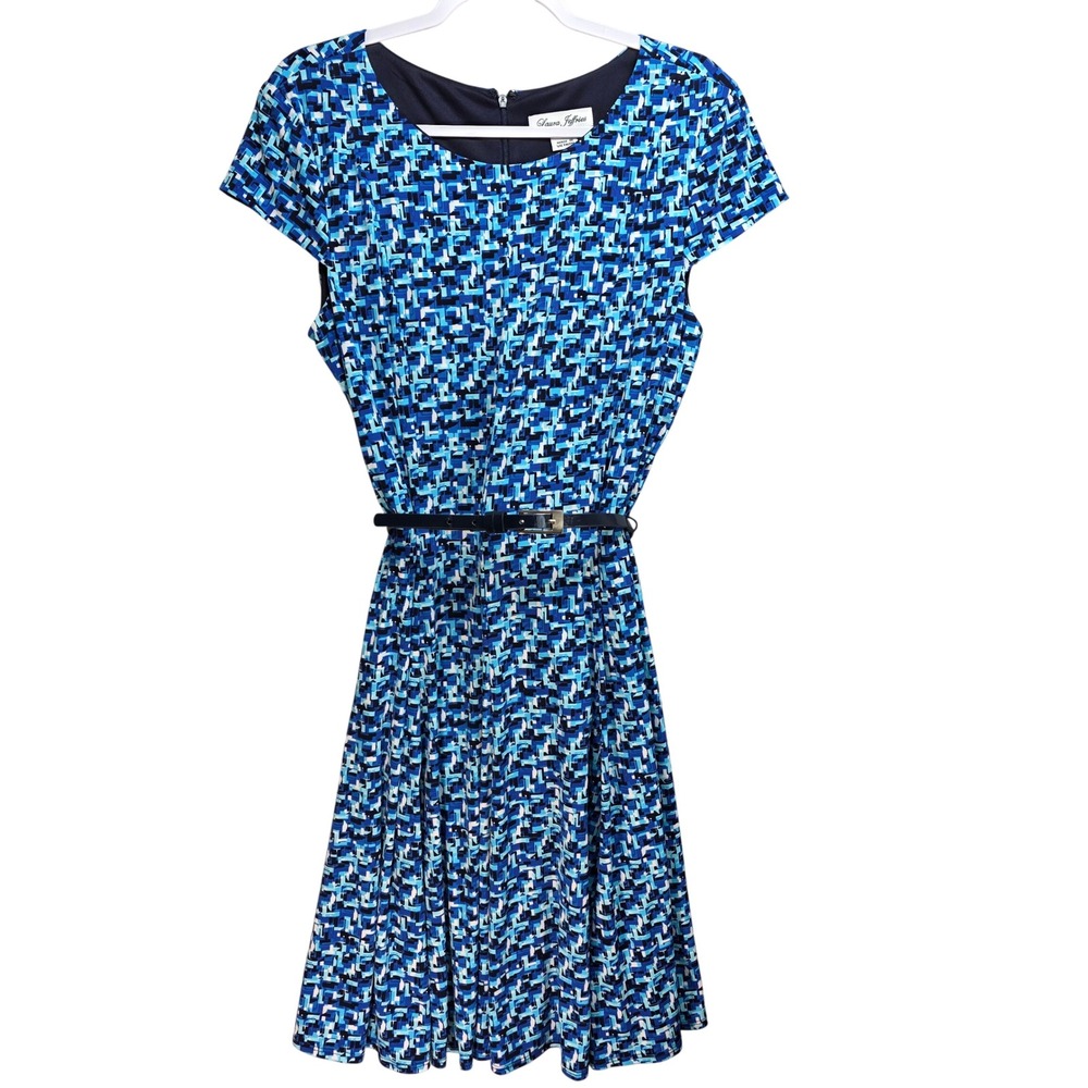 Laura Jeffries Geometric Mosaic Fit and Flare Dress Midi Womens 16 Blue Belted